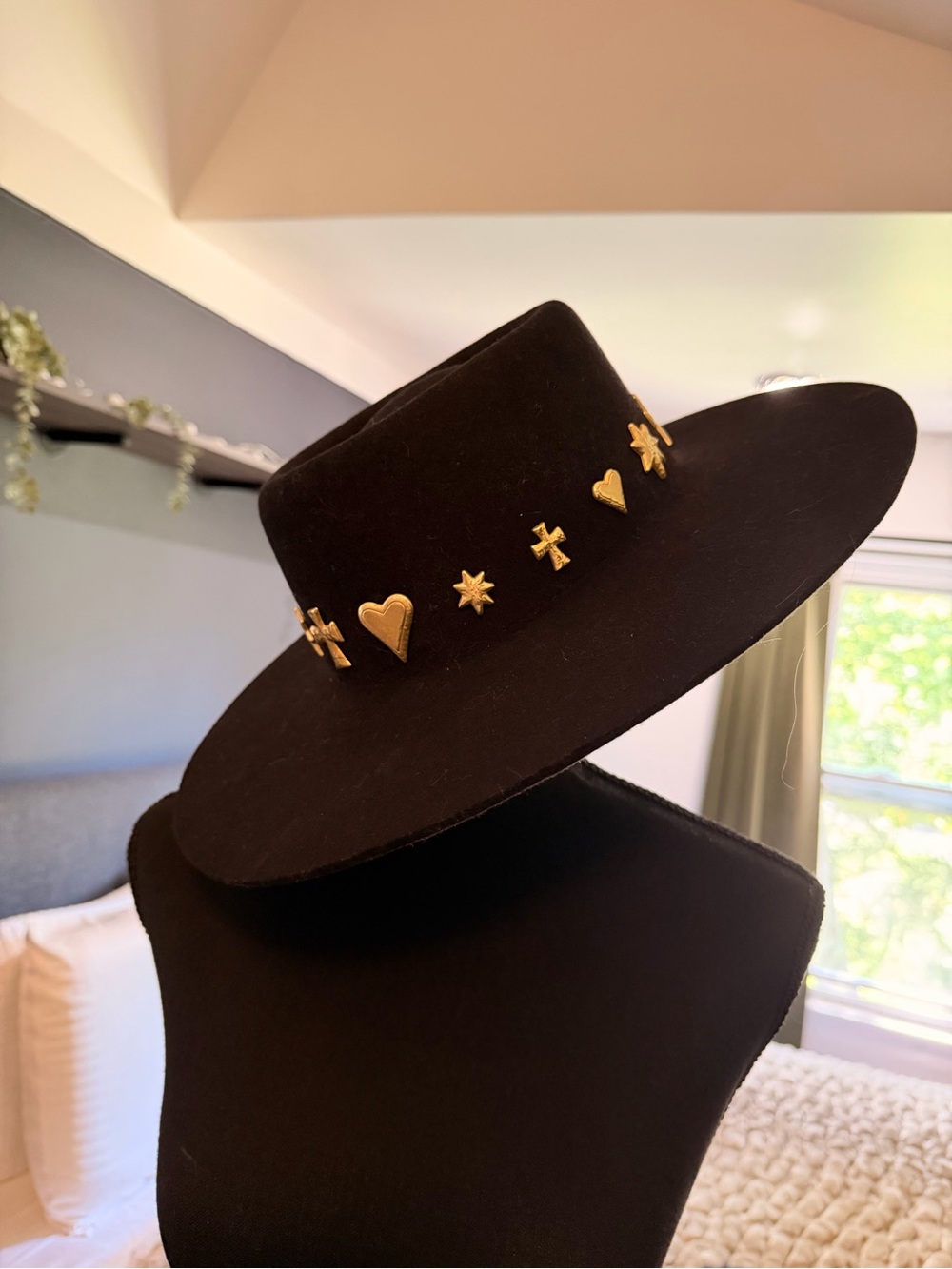 Lack Of Color Celestial Boater Black Wide-Brim Hat with Gold Embellishments